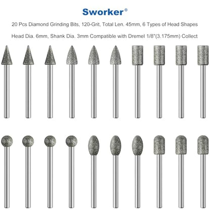 20Pcs 120-Grit Diamond Grinder Bit 1/8" Shank with 2 Collets Compatible with Dremel Rotary Tool Attachment Accessories Grinding Burrs for Stone Glass Resin Porcelain Ceramic Quartz Glaze Steel Carve - style: 120-grit