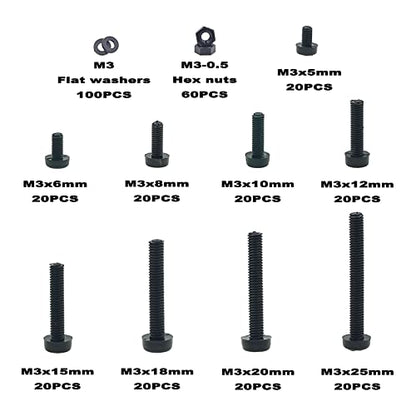 340PCS M3 Black Nylon Phillips Pan Head Screws Nuts Washers Kit - size: M3