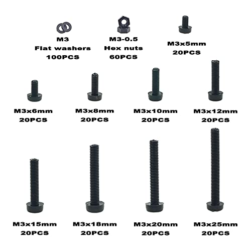 340PCS M3 Black Nylon Phillips Pan Head Screws Nuts Washers Kit - size: M3