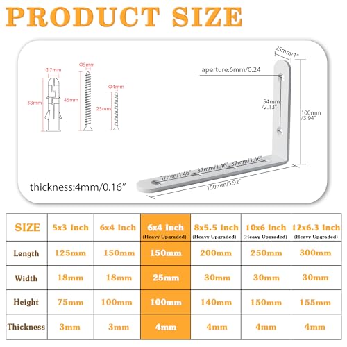 Alise 4mm Thick L Bracket for Shelves,6x4 Inch Shelf Brackets White,4 Pcs - color: White, size: 6x4 Inch (4mm-Thick)