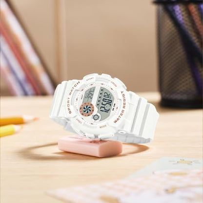 findtime Digital Watch Womens Sport Waterproof White Wrist Watches for Women with Alarm Stopwatch Hourly Chime LED Display 12H/24H Calendar - color: White Rose Gold