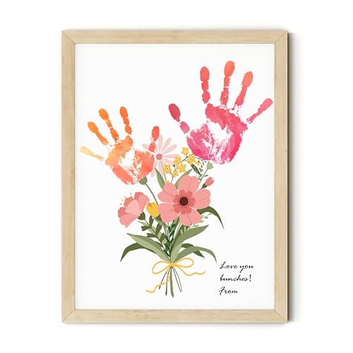 TwoDays Flower Bouquet Handprint Art Craft DIY Kit, Unique Gifts for Mom From Daughter or Son for Mother's Day Birthday Christmas, Gift for Grandma.(12" X 16", With Wood Frame) - color: Natural