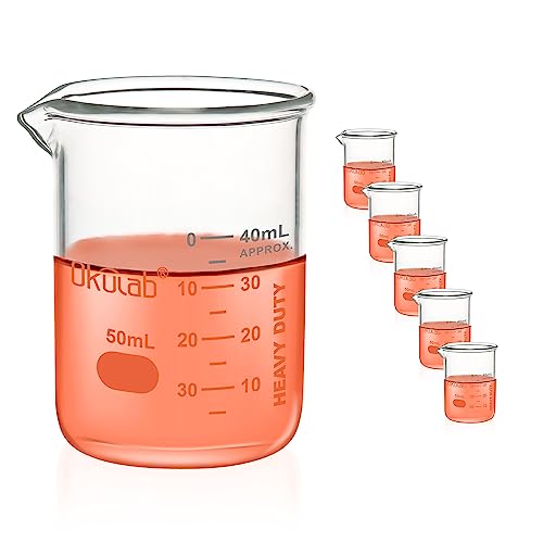 Heavy Duty Glass Beaker Set, Thick-Walled 3.3 Borosilicate Glass Beakers, with Double Scale Printed Graduation, 5pcs of Vol.50ml, HBKG50A5 - style: 5pcs of 50ml