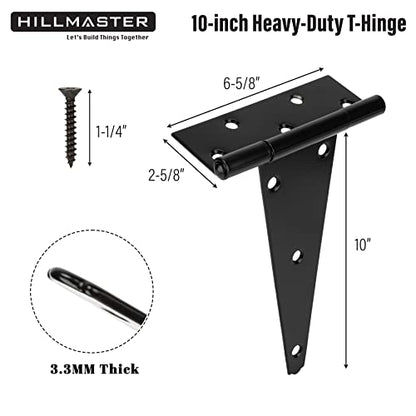 HILLMASTER 10 Inch T-Strap Heavy Duty Shed Door Hinges Gate Strap Hinges Black Tee Hinge Wrought Hardware for Wooden Fences,Yard,Barn Door,Rustproof (2 Pack) - size: 10in 2Pack
