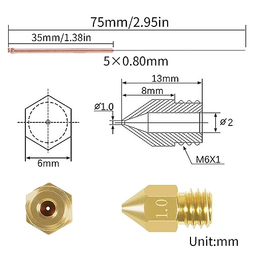 Aokin 10 Pcs 1.0mm 3D Printer Nozzles MK8 Extruder Nozzles and 5 Pcs 0.8mm Stainless Steel Nozzle Cleaning Needles for Creality Ender 3/3 Pro/3 V2, Ender 5/5 Pro, CR-10/10S, Makerbot, Anet A8 - color: 1.0mm