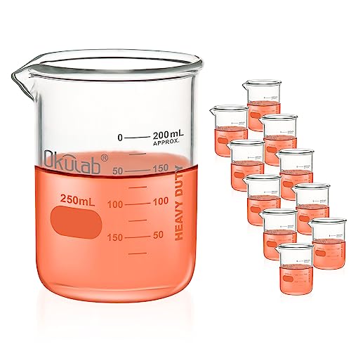 Glass Beakers, Heavy Duty, with Double Scale Printed Graduation. 10pcs of Vol.250ml, HBKG250B10 - style: 10pcs of 250ml