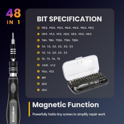 48-IN-1 Mini Precision Magnetic Tip Screwdriver Sets, Ergonomic Anti-Slip, S2 Steel Small Repair Cleaning Tool Kit for iPhone, Watch, Macbook, Computer, Laptop, PS4 PS5, Xbox, Switch, Glasses