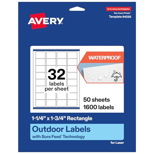Avery Outdoor Waterproof Rectangle Labels with Sure Feed Technology, 1.25" x 1.75", White Film, Compatible with Laser Printers, 1600 Labels Total, Great for Product Branding, Packaging, and More - style: 1,600 labels
