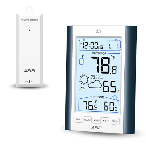 Indoor Outdoor Thermometer Hygrometer Wireless Weather Station - Inside Outside Thermometers Hygrometer Monitor with 330ft Remote Sensor, Battery Powered, Backlight Display (Blue) - color: Blue