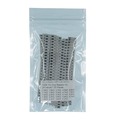 24 Types x 25 Pieces, Total 600 Pieces 1206 1% Chip Resistor Kit 1.0K 1.1K 1.2K 1.3K 1.5K 1.6K 1.8K 2.0K 2.2K 2.4K 2.7K 3.0K 3.3K 3.6K 3.9K 4.3K 4.7K 5.1K 5.6K 6.2K 6.8K 7.5K 8.2K 9.1K Ohm