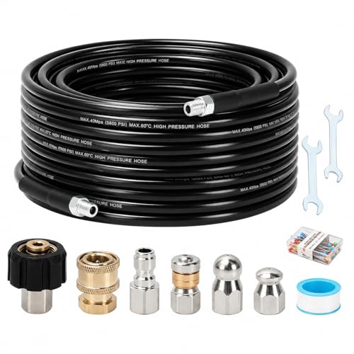 Sewer Jetter Kit for Pressure Washer, 50FT Drain Cleaning Hose with Corner Rotating and Button Nose Nozzles, 1/4" NPT Sewer Jet Nozzle Set with Spanner, Tape, Pins, 5800 PSI - color: Black - Hose Only, size: 50FT