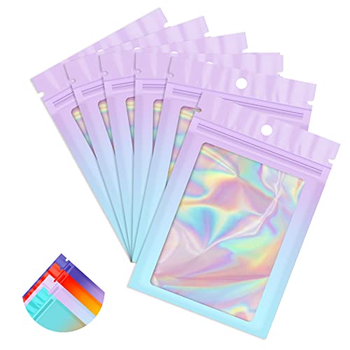 Funfery 100 Pack Mylar Holographic Bags,Clear Window Smell Proof Foil Bag Seal Pouch Resealable Bags with Zipper,Packaging Bag for Food Storage,Jewelry,Business Supplie(3.1×5.1in,Purple Blue) - color: Purple Blue, size: 3.1x5.1 Inch