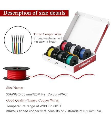 XINWANG 30AWG Hook Up Wire Kit, 6 Colors, 82FT Each - size: 30AWG (0.05 mm² / 25 M) - PVC