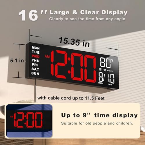 JALL 16" Large Digital Wall Mount Clock, Count Down Timer, Alarm, Big LED, RGB Color, DST, Temperature for Living Room Classroom Desk, Xmas, Birthday Gift for Senior Mom Dad (Red White, 16 inches) - color: Red White, size: 16 inches