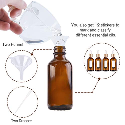 PrettyCare Glass Eye Dropper Bottles 2oz (60ml), 12 Pcs Amber Empty Thick Bottles Bulk with Leakproof Golden Caps - With Labels & Funnels for for Storage, Travel,Essential Oils, DIY Serums, Tincture - color: 2oz Amber, style: 12 Pack