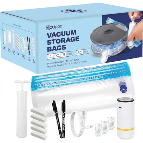 3D Printer Filament Storage Kit – 30 Vacuum Storage Bags with Electric Pump, 30 Silica Gel Packs, 5 Clips, 2 Markers & Manual Backup Pump – 3D Printing Filament Storage Solution