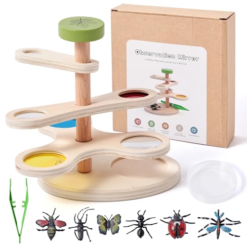Insect Observation Kit for Kids, Multi-Magnification Rotating Viewer with Color Filters, Wooden STEM Nature Exploration Science Toy with Tweezers, Petri Dish and 6 Insect Models, Gift for Ages 4-8