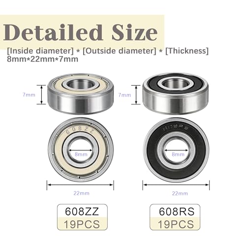 Dianrui 38 PCS 608RS & 608ZZ Ball Bearings Assortment Kit, Small Bearings Carbon Steel Deep Groove Bearing, for Furniture Wheel, Roller Skates, 3D Printing and ect - size: 608RS/608ZZ-38PCS