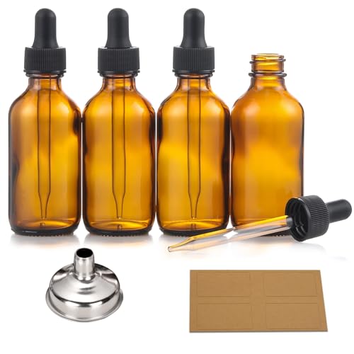 4 Pack, 2 oz Bottles with Dropper & 1 Funnel & 4 Labels - Essential Oils Bottles for Health, Personal Care & Beauty - 60ml Thick Dark Amber Glass Tincture Bottles, Refillable Cosmetic Containers - color: Amber with Eye Droppers
