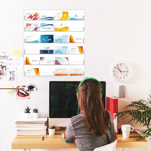 QWORK Acrylic Business Card Holder Wall Mount, 24 Pockets, Clear Sticker Display, Multi-Pocket Rack Organizer for Office & Home Use, Includes Screws, Expansion Tubes