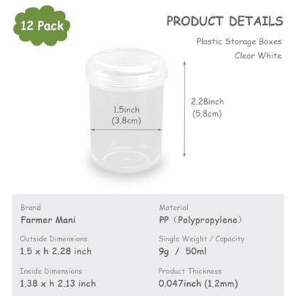 12 Pcs Clear Plastic Round Beads Storage Containers Box (1.5 x H2.28 Inch), 1.69 oz Plastic Storage Jars with Lid for Beads, Crafts, Pills, Fishing Tackles, Nails, DIY Crafts, etc - size: 50 ml (1.5" x 2.28")