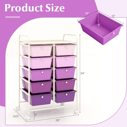 COSTWAY 10 Drawer Rolling Storage Cart, Utility Cart with Lockable Wheels - color: Purple Gradient, size: 10 Drawer