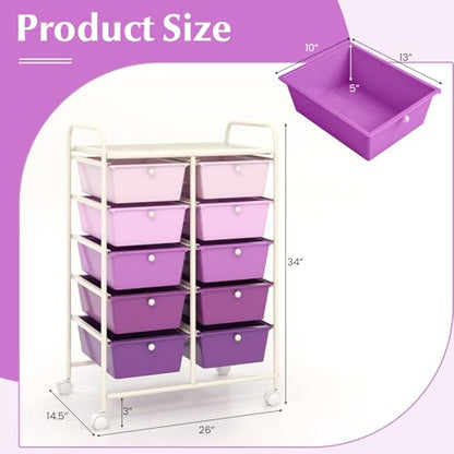 COSTWAY 10 Drawer Rolling Storage Cart, Utility Cart with Lockable Wheels - color: Purple Gradient, size: 10 Drawer