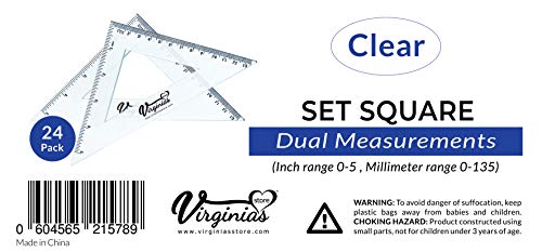 Virginia's Store 5 inch/13cm 90 Set-Squares Pack of 24, Crystal Clear Transparent, Shatter Resistant Plastic, Single-piece Plastic Molding, Drafting Tool Set, Ruler