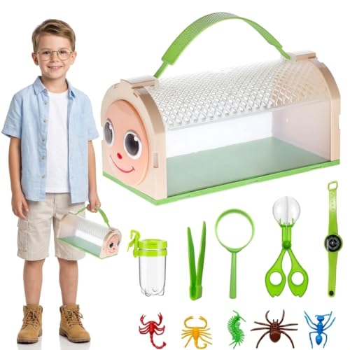 Bug Catcher for Kids Bug Catching Kit,Critter Habitat Box Insect Collecting,Includes Carrying Handle and Easy-Access Door,with Bug Tong,Tweezer & Magnifying Glass,Gift for Boys and Girls