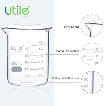 Utile 10 Pcs Glass Beaker Set, Vol.600ml Beakers, Glass Beaker with Double Scale Printed Graduation, 4000.0600.10-X - style: 10 pcs of 600ml