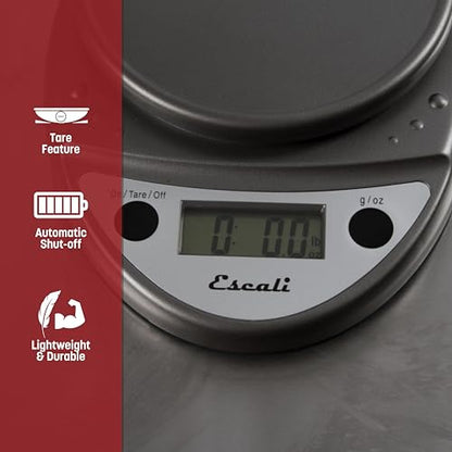 "Escali Primo Digital Kitchen Scale –SCDG11M Digital Food Scale Grams and Ounces for Cooking, Baking, Restaurants, Compact Design, Battery Operated, Removable Platform, 11lb/5kg, Metallic Gray"