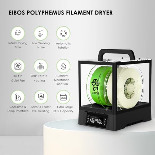 【EIBOS Upgraded 2026】 3D Printer Filament Dryer Box Polyphemus with Fan, Spool Dry Box with Auto-Rotation, Auto-Humidity Hold, Large Space for 3KG Spools, for Nylon, PLA, TPU, 360° Heating, Up to 80℃
