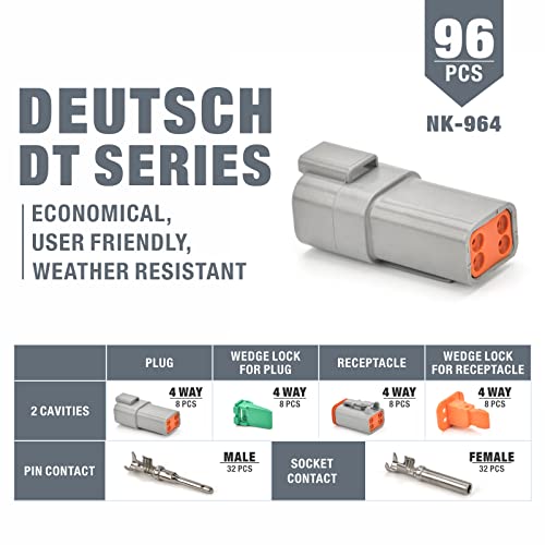 IWISS Deutsch 4 Pin Way DT Connector Kit, Size 16 Stamped Contacts 14-18AWG, Automotive Electrical Connectors, 96 Pieces - size: 4PIN(8 Pair)