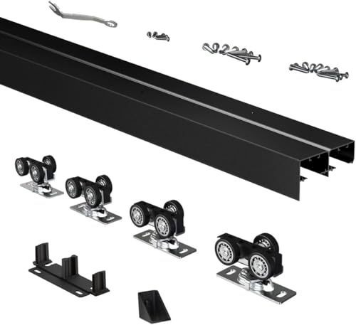 Heavy Duty Bypass Sliding Closet Door Track Hardware 144", 12 FT Aluminium Track Rail Set, Smoothly and Quietly, for 4 Door System,Black - size: 12FT-B-4Door