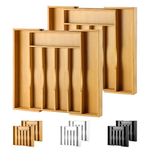 2-Piece Bamboo Silverware Organizer, Expandable Kitchen Drawer Organizer for Cutlery and Utensils, Multifunction Adjustable Bamboo Wood Cutlery Tray in Drawer for Flatware, (Natural) - color: Natural, size: 7 Slots Expandable-2Pack