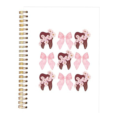 Dental Hygienist Gifts Notebook Journal, Dentist Gift Notebooks for Note Taking, Coquette Pink Bow Floral Dental Journal, Aesthetic Hardcover Spiral Notebook 5.5x8.3in - color: pink teeth