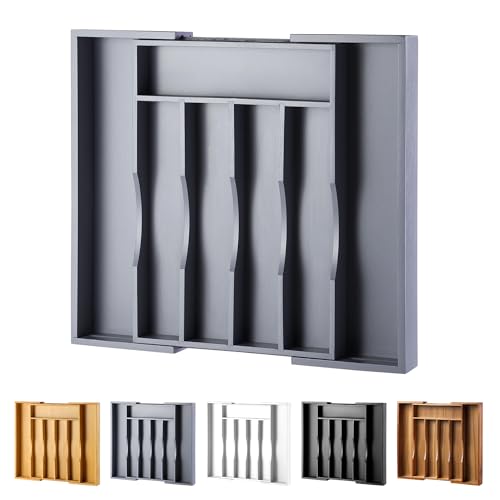 Expandable Bamboo Kitchen Drawer Organizer for Cutlery and Utensils, Adjustable Bamboo Wood Cutlery Tray in Drawer for Flatware and Silverware in Kitchen, (Grey) - color: Grey, size: 7 Slots Expandable