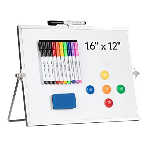Dry Erase White Board, Cazeyoo Magnetic Desktop Whiteboard 16 x 12inch with Stand, 10 Markers, 4 Magnets and 1 Eraser, Portable Double-Sided White Board for Kids Drawing, Office, Home, School - color: Metal, size: 16x12Inch