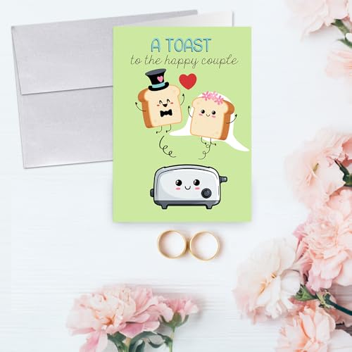 Amanda Creation Funny Wedding Card, 4x6 Blank Inside with Silver Envelope, A Toast to the Newlyweds Bread & Toaster Bride and Groom Greeting - style: Toast