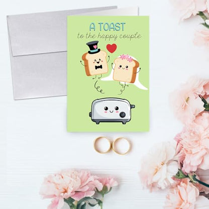 Amanda Creation Funny Wedding Card, 4x6 Blank Inside with Silver Envelope, A Toast to the Newlyweds Bread & Toaster Bride and Groom Greeting - style: Toast