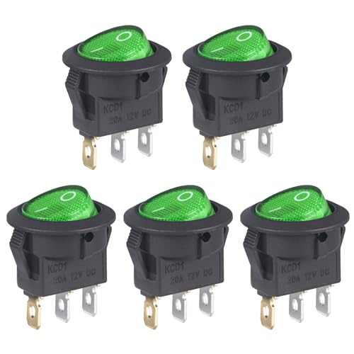 VEXUNGA Round Rocker Switch 12V 20A Green Light Iluminated Small Rocker Switch On Off 3 Pin Circle Square Toggles Switches for RV Car Truck Boat (Pack of 5pcs) - style: 5Pcs 3 Pin ON/OFF - Green