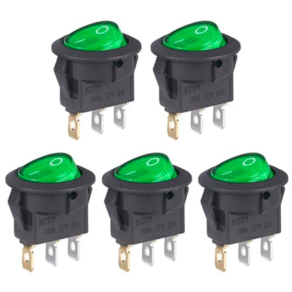 VEXUNGA Round Rocker Switch 12V 20A Green Light Iluminated Small Rocker Switch On Off 3 Pin Circle Square Toggles Switches for RV Car Truck Boat (Pack of 5pcs) - style: 5Pcs 3 Pin ON/OFF - Green