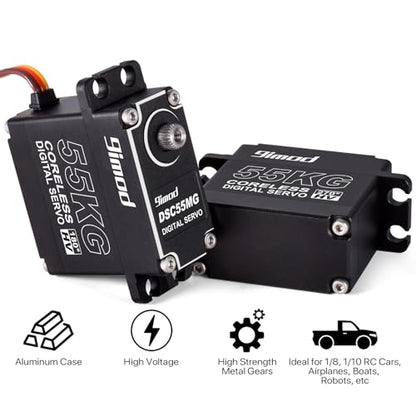 55KG High Torque Servo High Speed HV 8.4V Coreless RC Steering Servo Motors Stainless Steel Gear Low Profile Waterproof RC Crawler Servo for 1/8 1/10 1/12 Scale Cars DIY Robotic - 180 Degree
