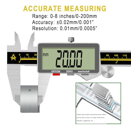 Digital Caliper,ACEMETER 0-8" Vernier Calipers Measuring Tool-Electronic Micrometer with Large LCD Screen,Metal Metric Measure Caliper for Engineer Carpenter,Auto-Off Feature,Inch/Fraction/Millimeter - size: 8 inch/200mm