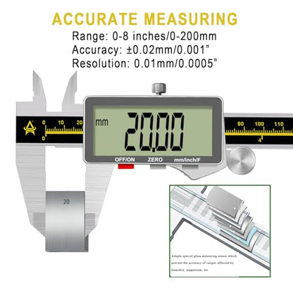 Digital Caliper,ACEMETER 0-8" Vernier Calipers Measuring Tool-Electronic Micrometer with Large LCD Screen,Metal Metric Measure Caliper for Engineer Carpenter,Auto-Off Feature,Inch/Fraction/Millimeter - size: 8 inch/200mm