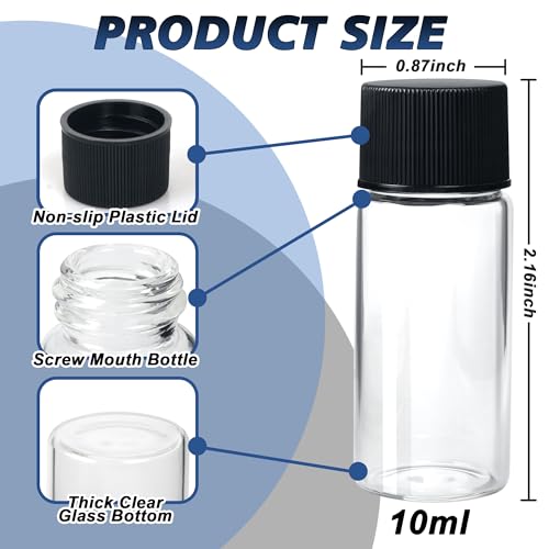 Alyoen 10ml Clear Glass Vials, 100 Pack Small Glass Lab Vials with Screw Caps, Plastic Stoppers and Label Papers, Leak-Proof Liquid Sample Vial for Essential Oil, Reagent, Seeds - size: 100pcs-10ml