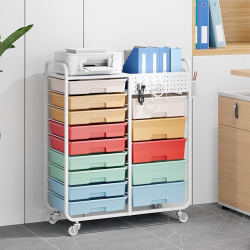 14 Drawer Rolling Storage Cart with Tabletop and Pegboard for Craft Color - color: Rainbow