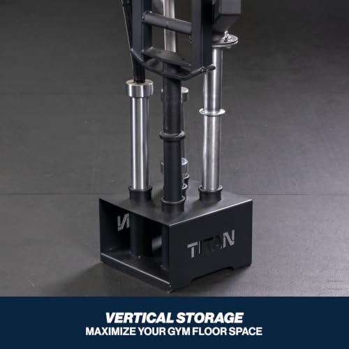 Titan Fitness 5 Barbell Holder, Vertical Olympic Sized Bar Rack, 12" x 12" Compact Floor Unit, Nylon Inserts Protect Sleeves, Organize and Save Space in Home Garage Gym
