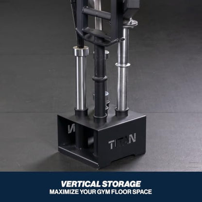 Titan Fitness 5 Barbell Holder, Vertical Olympic Sized Bar Rack, 12" x 12" Compact Floor Unit, Nylon Inserts Protect Sleeves, Organize and Save Space in Home Garage Gym