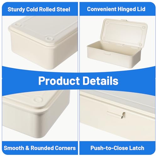 moheaaei White Small Steel Storage Box with Lid, 2-Pack Rectangular Metal Hinged Tin Boxes - 7.9x4x2 Inch Organizer for Scrapbook Stamps, Tools, Jewelry & Office Supplies